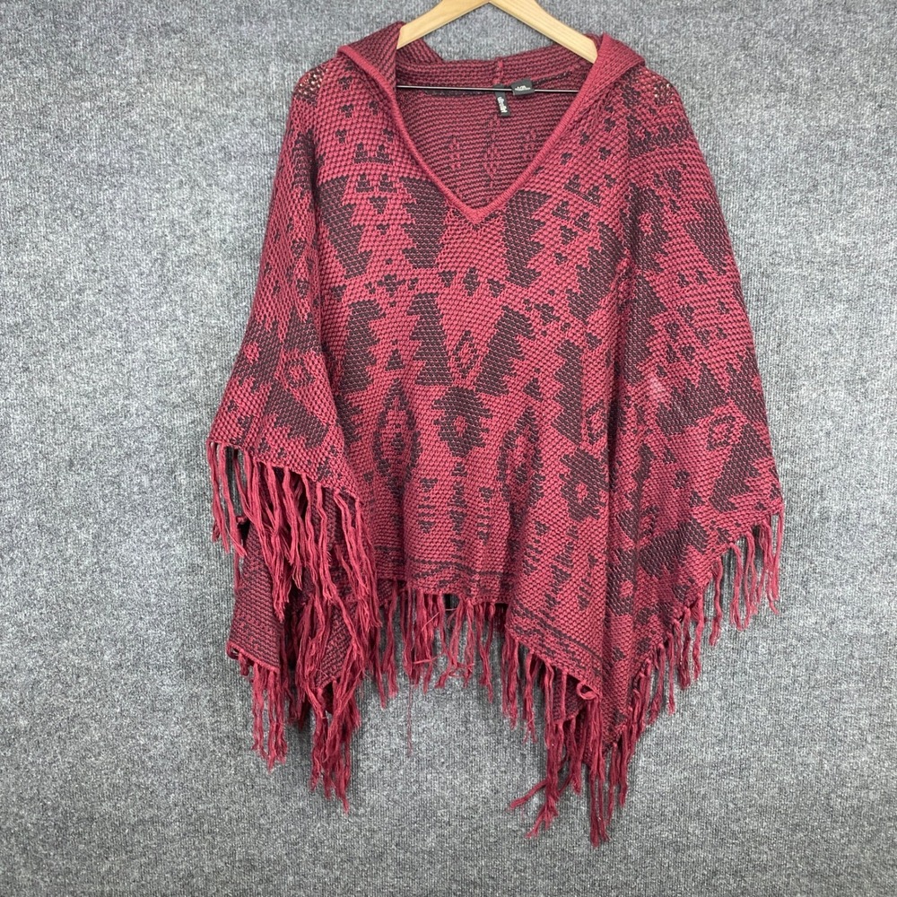Ultra Flirt Womens Hooded Poncho Sweater Burgundy Black Geometric Fringe L/XL